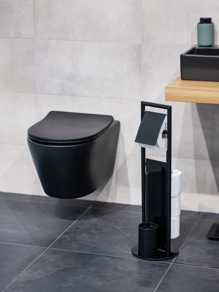 WC-Garnitur Mod. Ravina aus Edelstahl in Schwarz  mit integriertem Ersatzrollenhalter