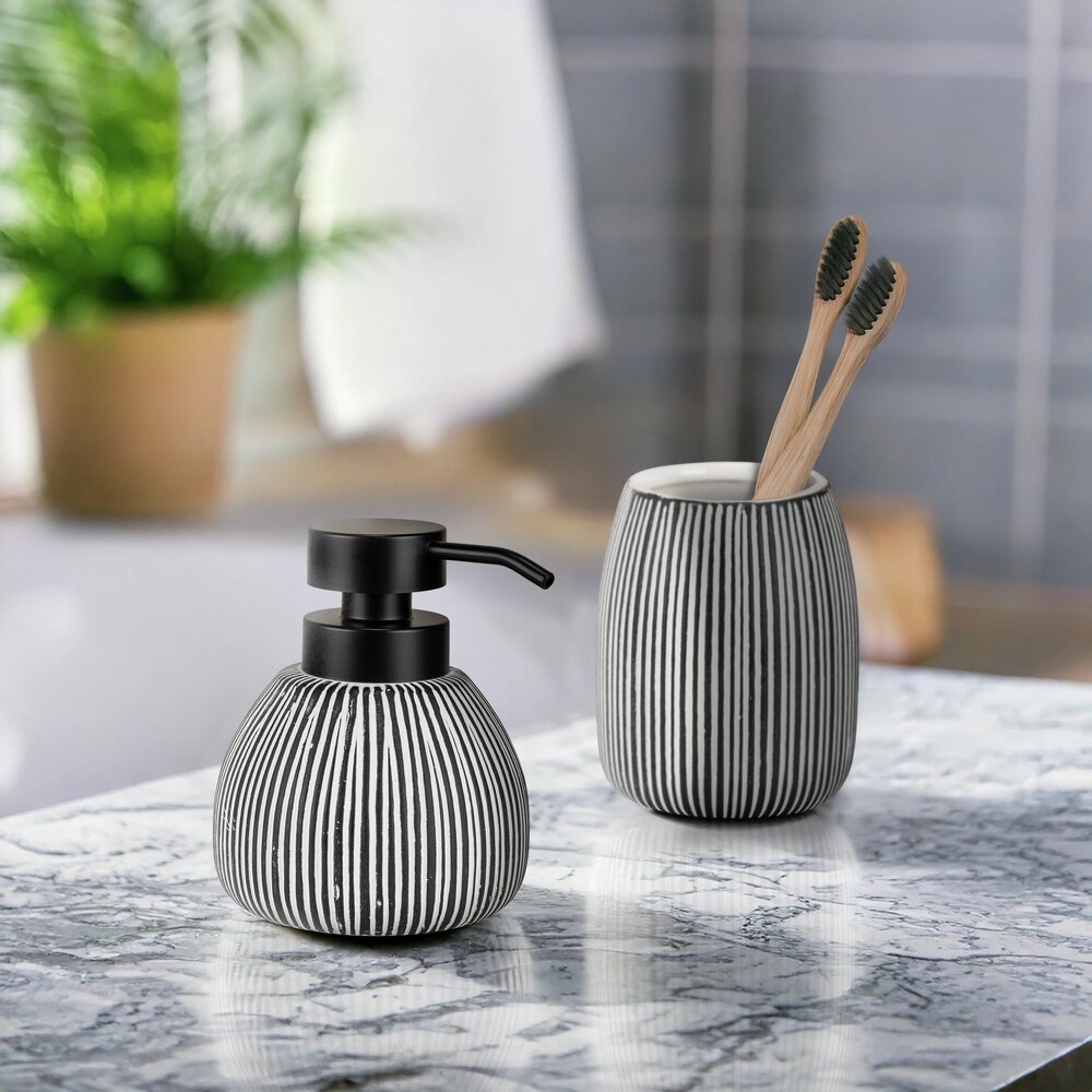Seifenspender Set Mod. Pascoli, schwarz/weiß, Keramik, 2-tlg, 0.5L  streifenmuster, modernes design