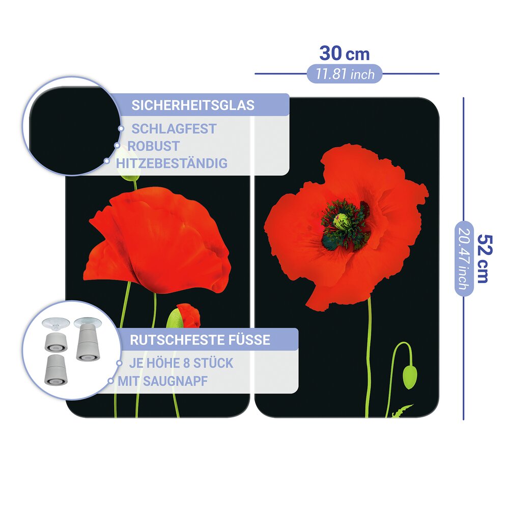 Plaque de Recouvrement Universelle Mod. Coquelicot, set de 2  pour tous les types de cuisinières
