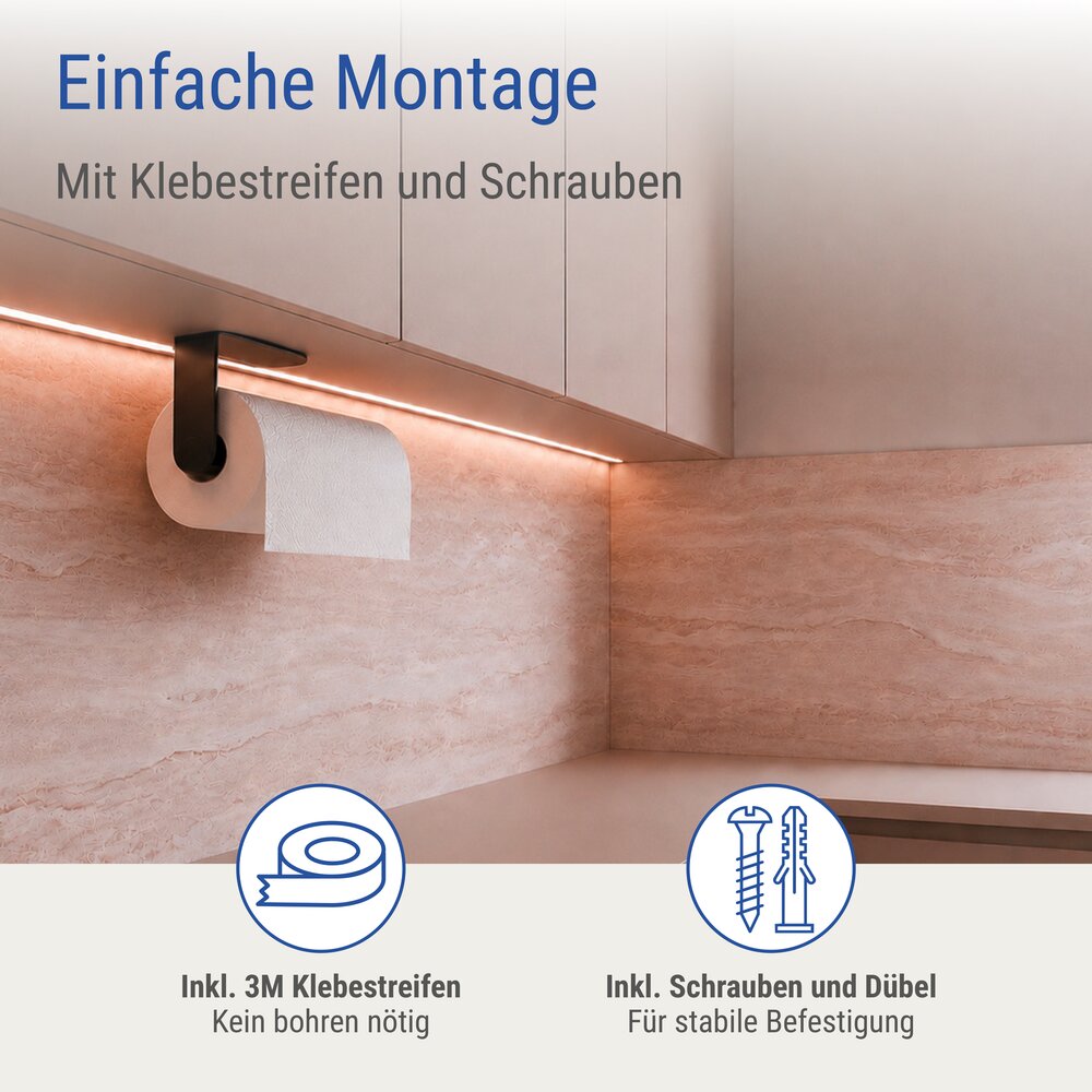 Küchenrollenhalter ohne Bohren, Schwarz  platzsparende Montage unterm Küchenschrank