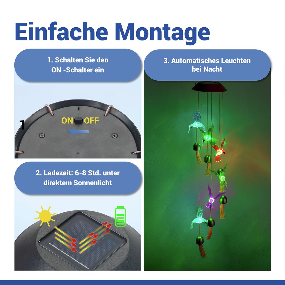 LED Windspiel Mod. Kolibri Solar  mit 6 Glocken, dekorative Gartenbeleuchtung