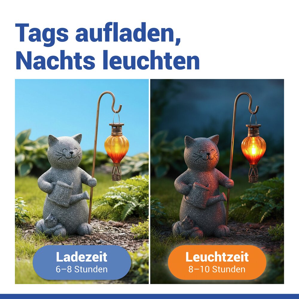 Gartenfigur Katze mit LED-Heißluftballon  dekorative, solarbetriebene Gartenleuchte