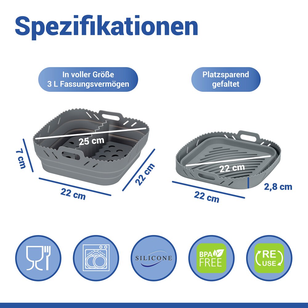 Silikonform für Heißluftfritteusen Mod. Nara, eckig  hitzebeständig bis 230 °C, spülmaschinengeeignet