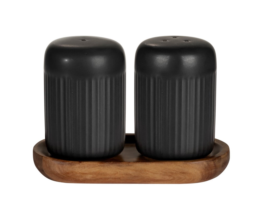 Salz- und Pfefferstreuer Mod. REFIA, schwarz, Keramik, Akazienholz, 2x75ml  mit FSC®-zertifiziertem Holztablett