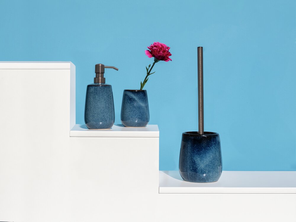 Seifenspender Mod. Sirmione, blau/kupfer, Keramik/Kunststoff, 0.43l, Ø8x17.5cm  mit Kupferakzenten, elegantes Design