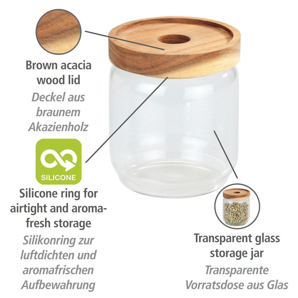 Aufbewahrungsdose Mod. Vido 450 ml  Glasdose mit Deckel aus Akazienholz