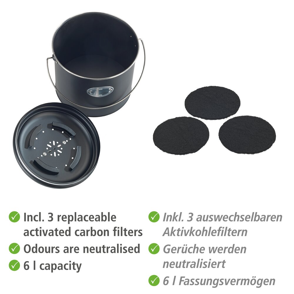 Seau à compost Mod. Nero 6 L  avec 3 filtres à charbon actif de rechange