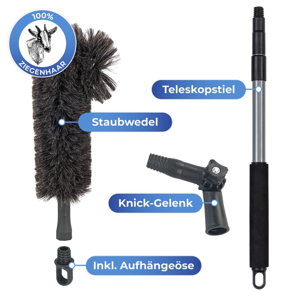 Ziegenhaar-Staubbesen mit Knickgelenk und Teleskop-Stiel  100 % echtes Ziegenhaar