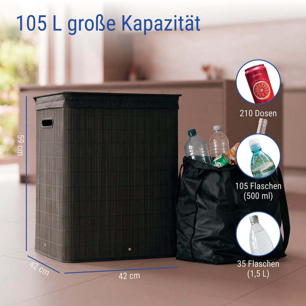 Flaschensammler 105 L, Schwarz  Pfandflaschen Sammelbehälter aus Bambus