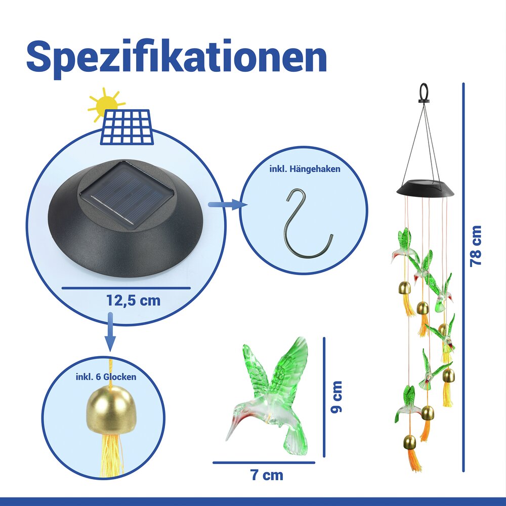 LED Windspiel Mod. Kolibri Solar  mit 6 Glocken, dekorative Gartenbeleuchtung