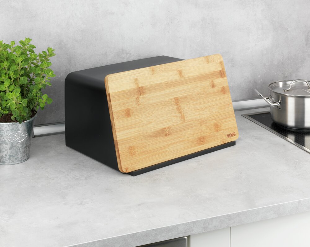 Brotkasten mit Bambusbrett Mod. Kubo, Schwarz  mit integriertem Bambusschneidebrett