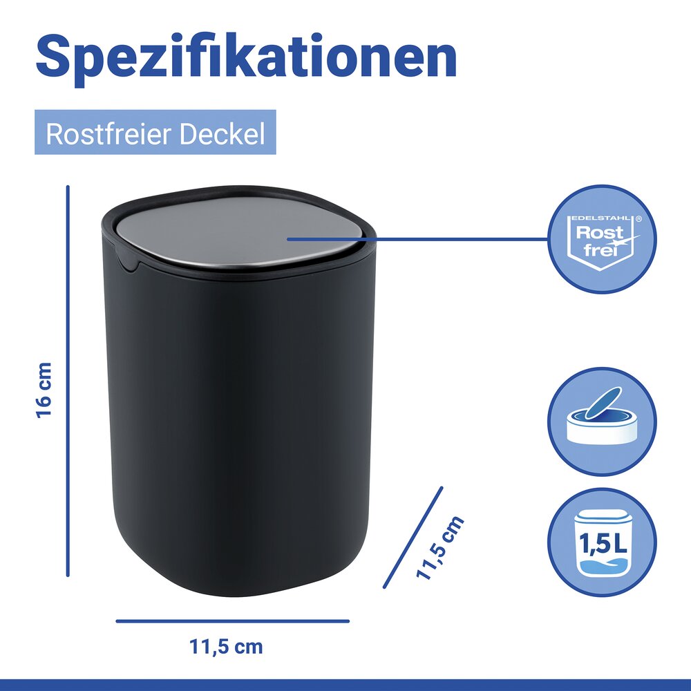 Schwingdeckeleimer Mod. Frini Schwarz  flexibel nutzbar als Tischmülleimer, 1,5 L