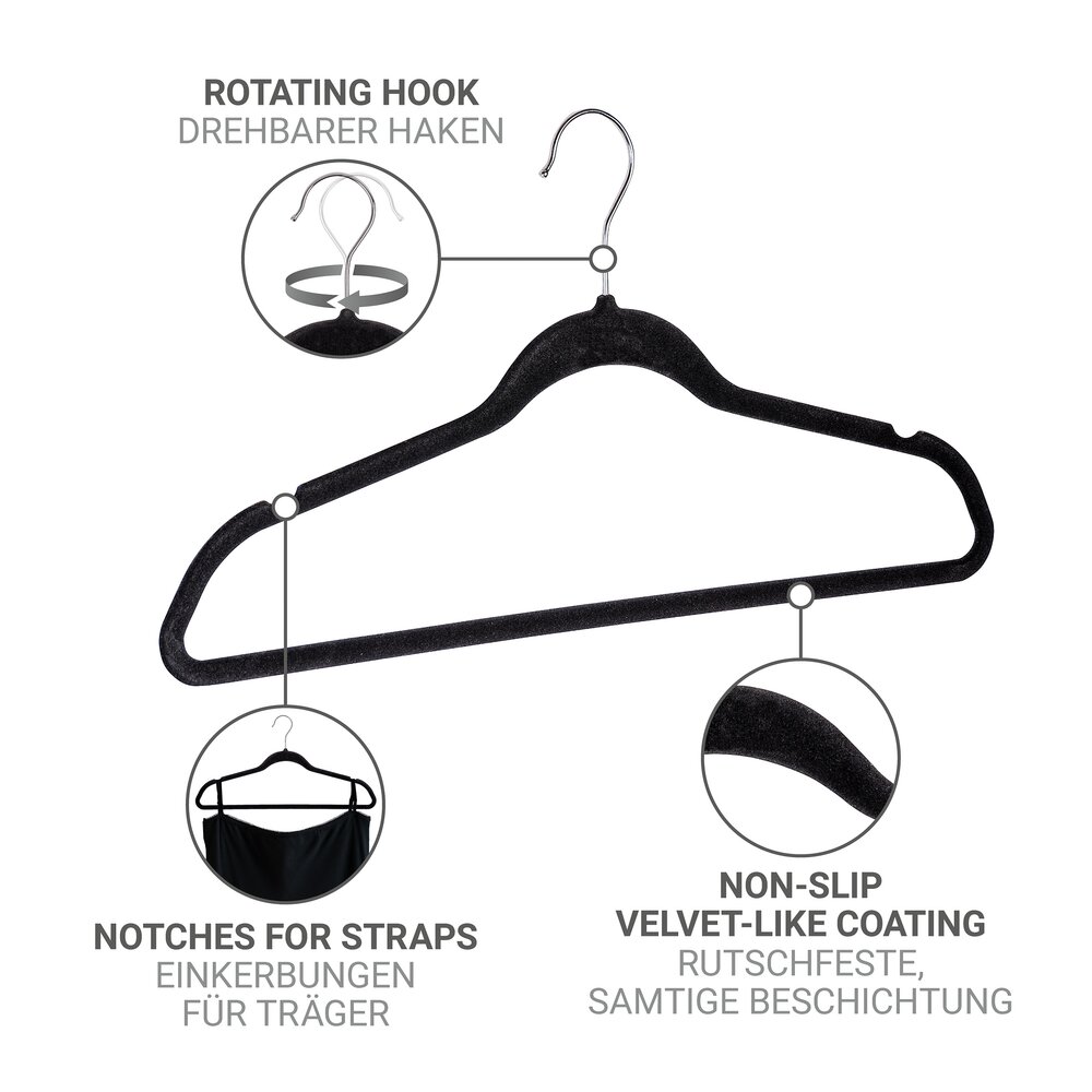 Beflockte Kleiderbügel, Schwarz, 15er Set  extra dünn, platzsparend