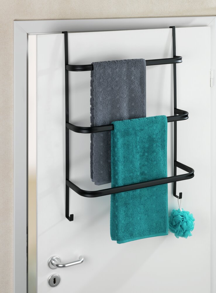 WENKO Porte serviette salle de bain, porte serviette mural sans perçage à suspendre, Irpinia, acier noir  avec 3 barres porte-serviettes