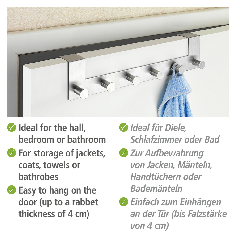 Türgarderobe Edelstahl Mod. Celano  6 Haken, für Türfalzstärken bis 4 cm