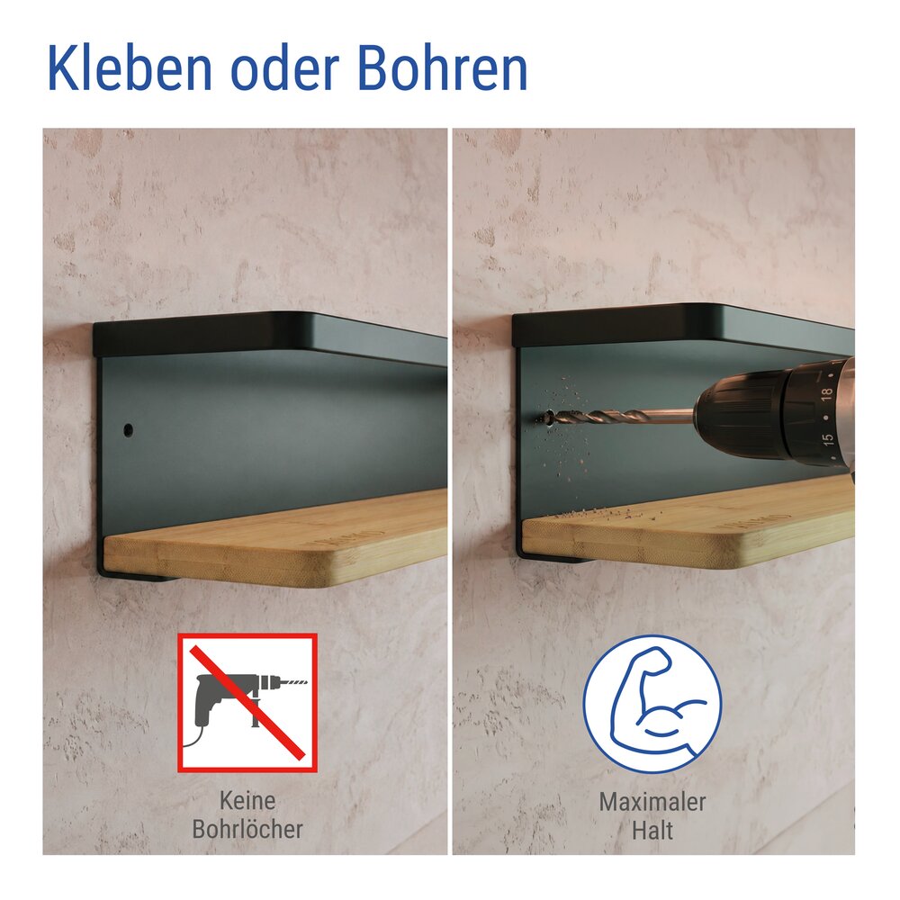 Gewürzregal für die Wand, Schwarz/Bambus, 2er Set  zum Kleben oder Bohren