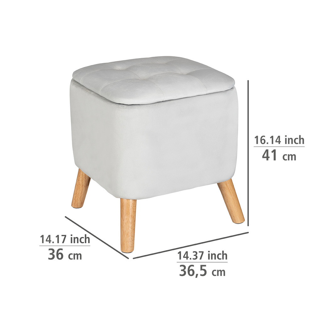 Grauer Samthocker mit verborgenem Stauraum und Holzbeinen  2 in 1 Hocker mit verborgenem Stauraum