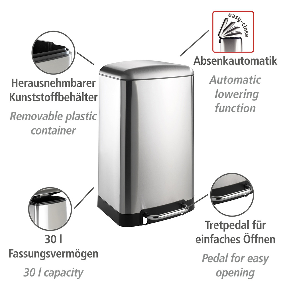 Treteimer Mod. Studio Easy-Close Mattiert 30 Liter  Edelstahl rostfrei, Absenkautomatik