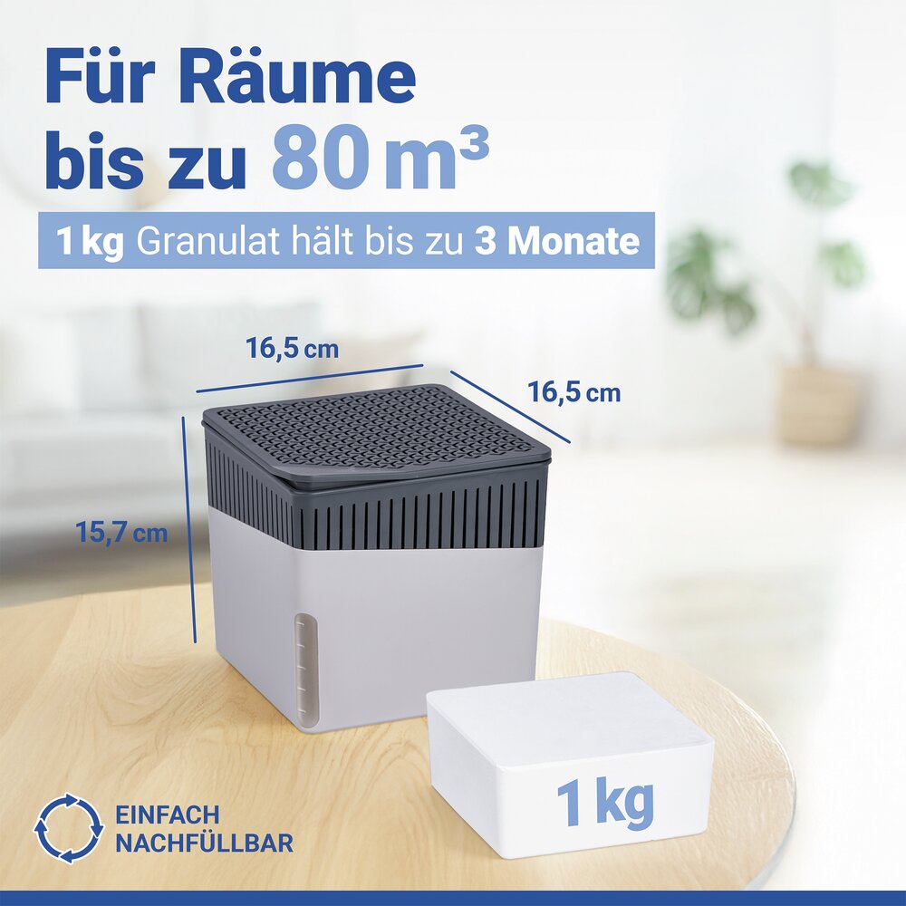 Déshumidificateur d'air Mod. Cube Gris 1000 g  pour pièces jusqu’à env. 80 m³