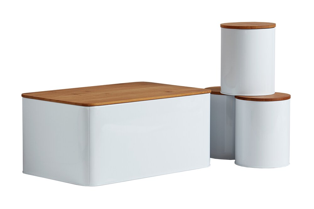 Brotkasten Set, weiß, Metall, Bambusdeckel, 32,5x21x15 cm, 3 Dosen  mit Bambusdeckel, je 1 Liter