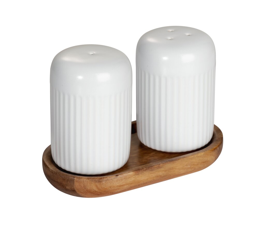 Salière et poivrière Mod. Refia, blanc, céramique, bois d'acacia, 75ml  avec plateau en acacia FSC