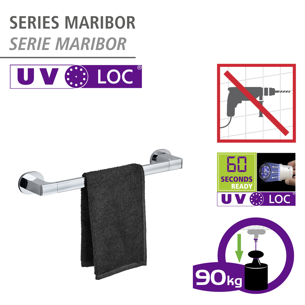 UV-Loc® Badetuchstange Uno Mod. Maribor 40 cm  Befestigen ohne Bohren mit innovativem Klebesystem