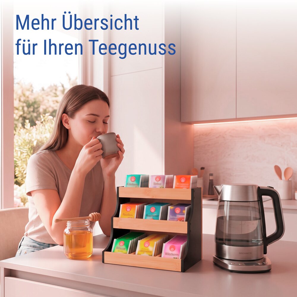 Teeregal Bambus, Schwarz  Tee Organizer für bis zu 180 Teebeutel
