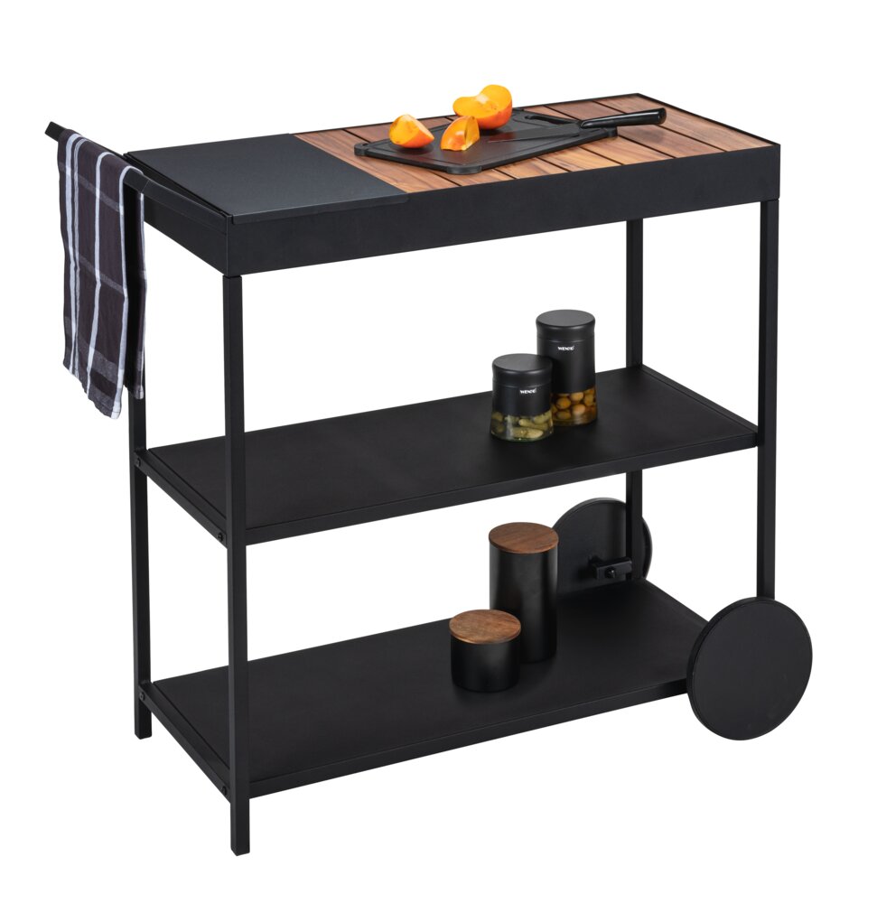 Chariot de service Mod. Miro, noir/nature, bois d'acacia, 80x98x40 cm  avec roues, idéal extérieur abrité