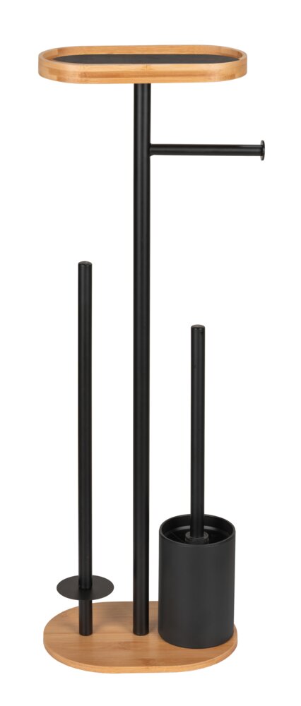 Garniture WC sur pied Mod. Pomarolo, bambou, acier, naturel/noir, 25x70,5x17 cm  avec tablette pour téléphone intégré