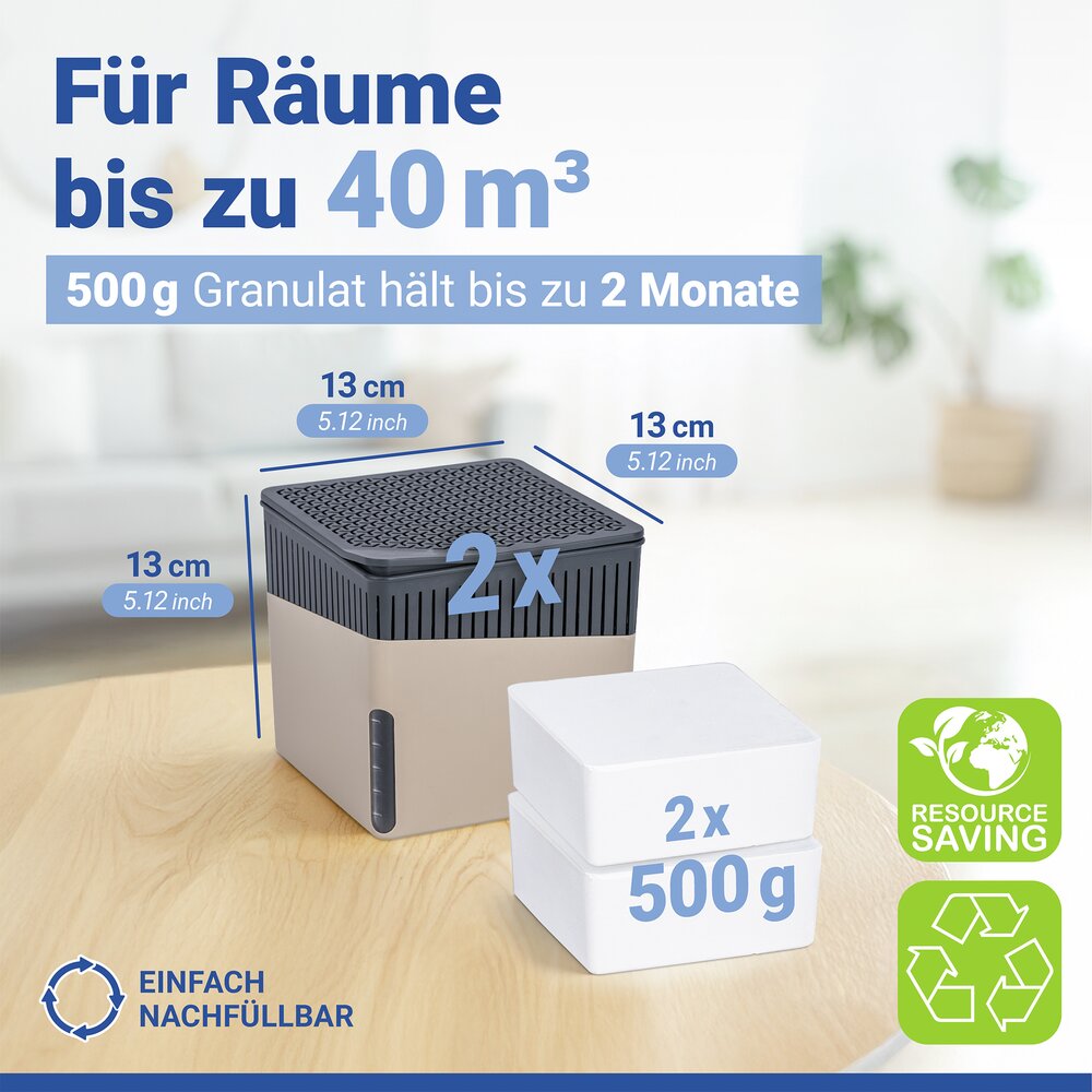 Raumentfeuchter Mod. Cube Beige 500 g, 2er Set  beugt Schimmel und Gerüchen vor