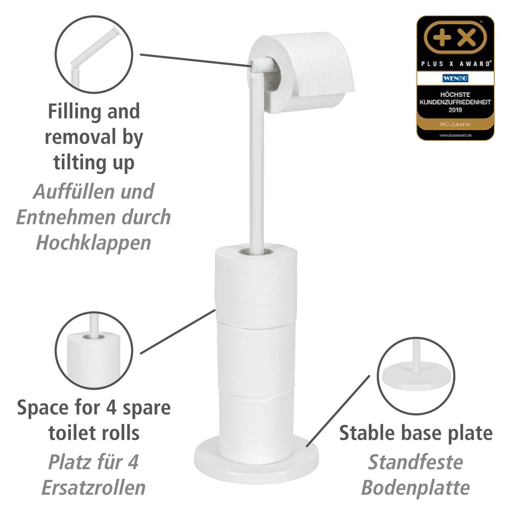 Stand Toilettenpapierhalter 2 in 1 Weiß  platzsparend, für bis zu 4 Ersatzrollen