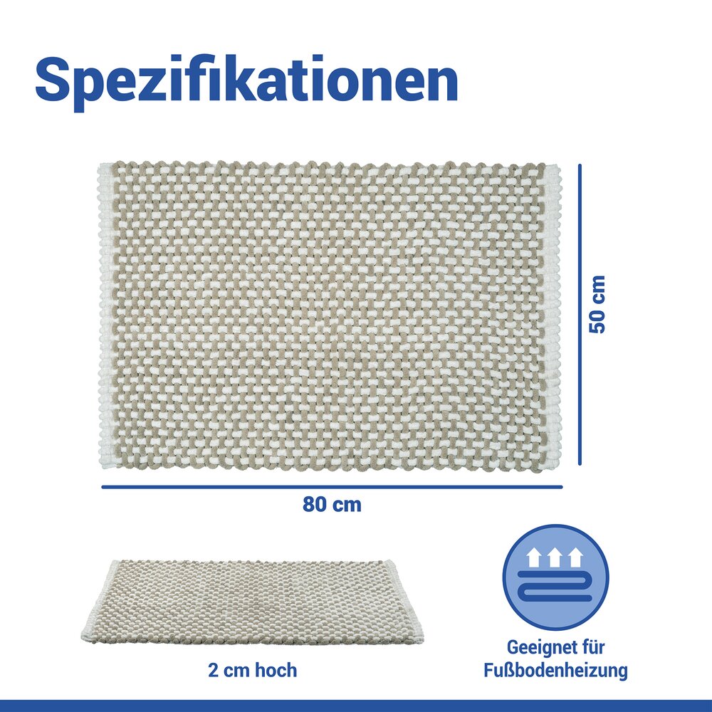 Tapis de bain Mod. Covelo blanc-beige, 50 x 80 cm  antidérapant et lavable jusqu'à 30 °C