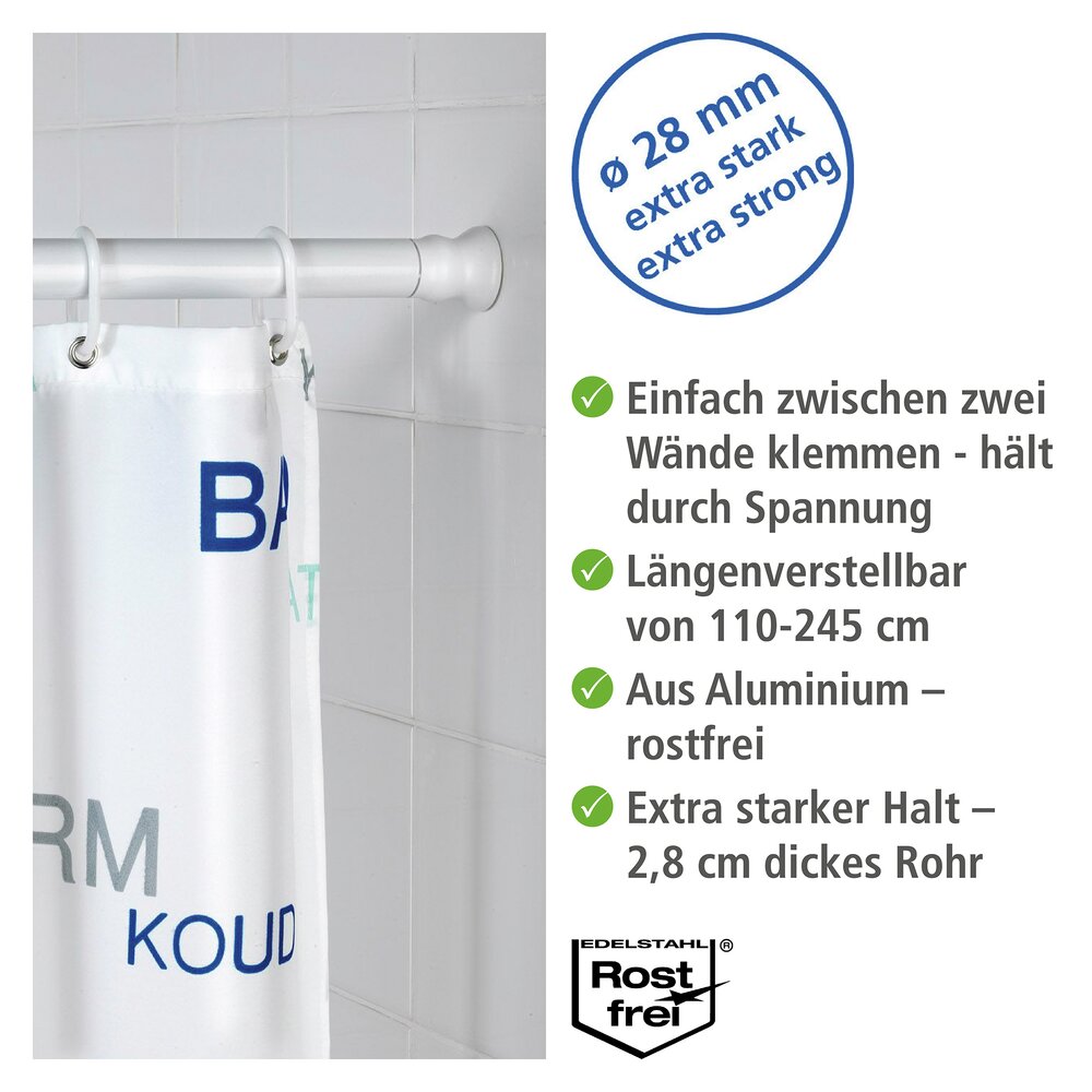 Teleskop Duschstange extra stark Weiß, 110 - 245 cm  extra stabil mit Ø 2,8 cm