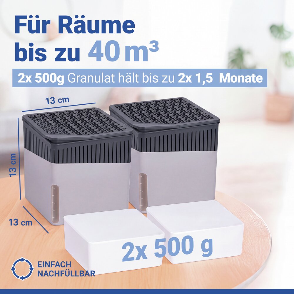 Luftentfeuchter Mod. Cube Grau 500 g, 2er Set  für Räume bis ca. 40 m³