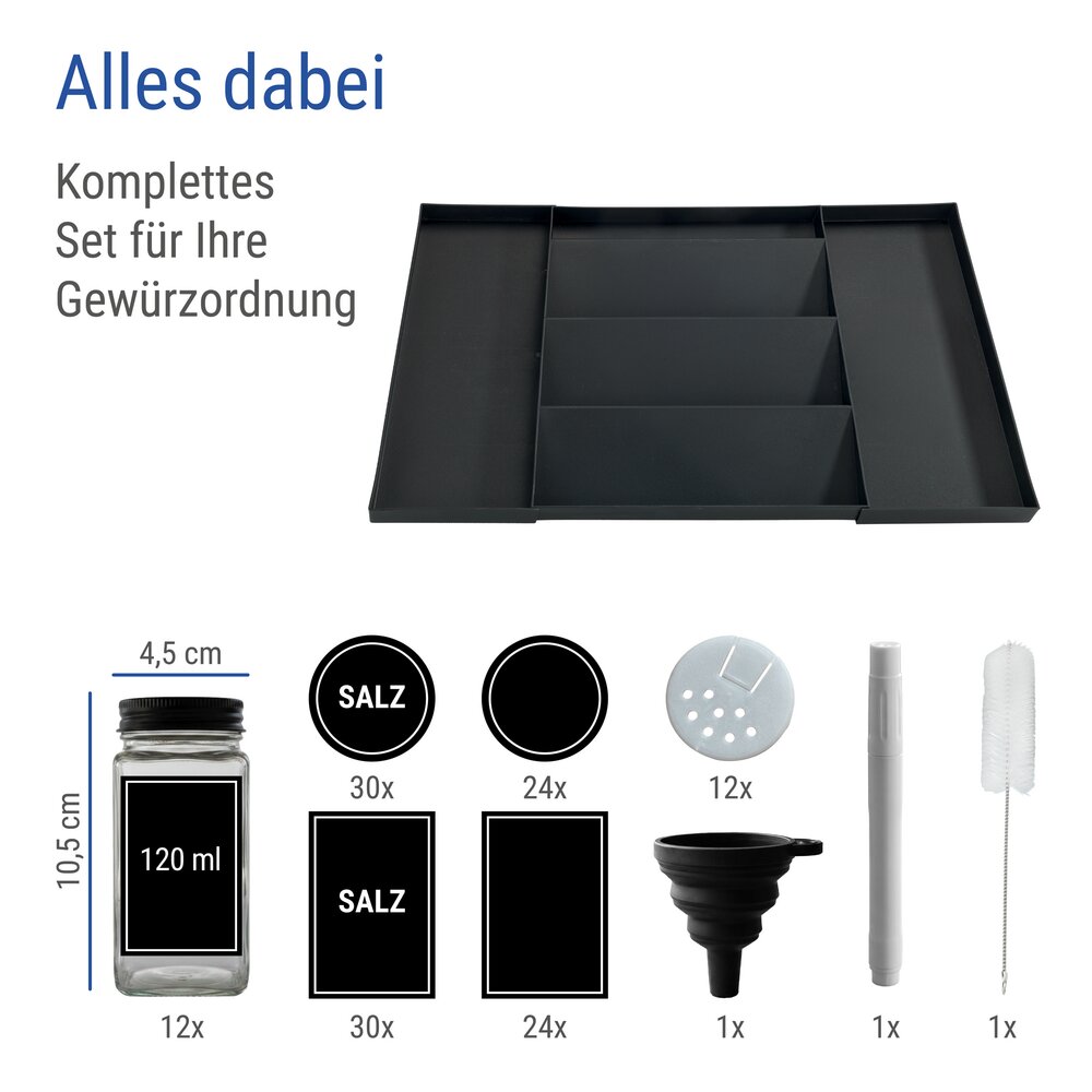 Gewürzregal Schublade Deluxe mit 12 Gewürzgläsern, Schwarz  ausziehbarer Gewürz Organizer für Schubladen
