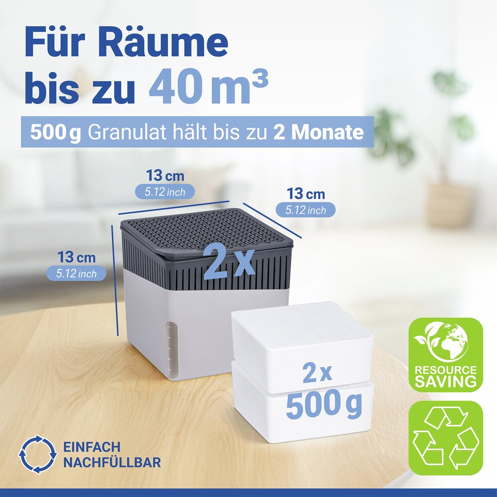 Luchtontvochtiger Mod. Cube Grijs 500 g, set van 2