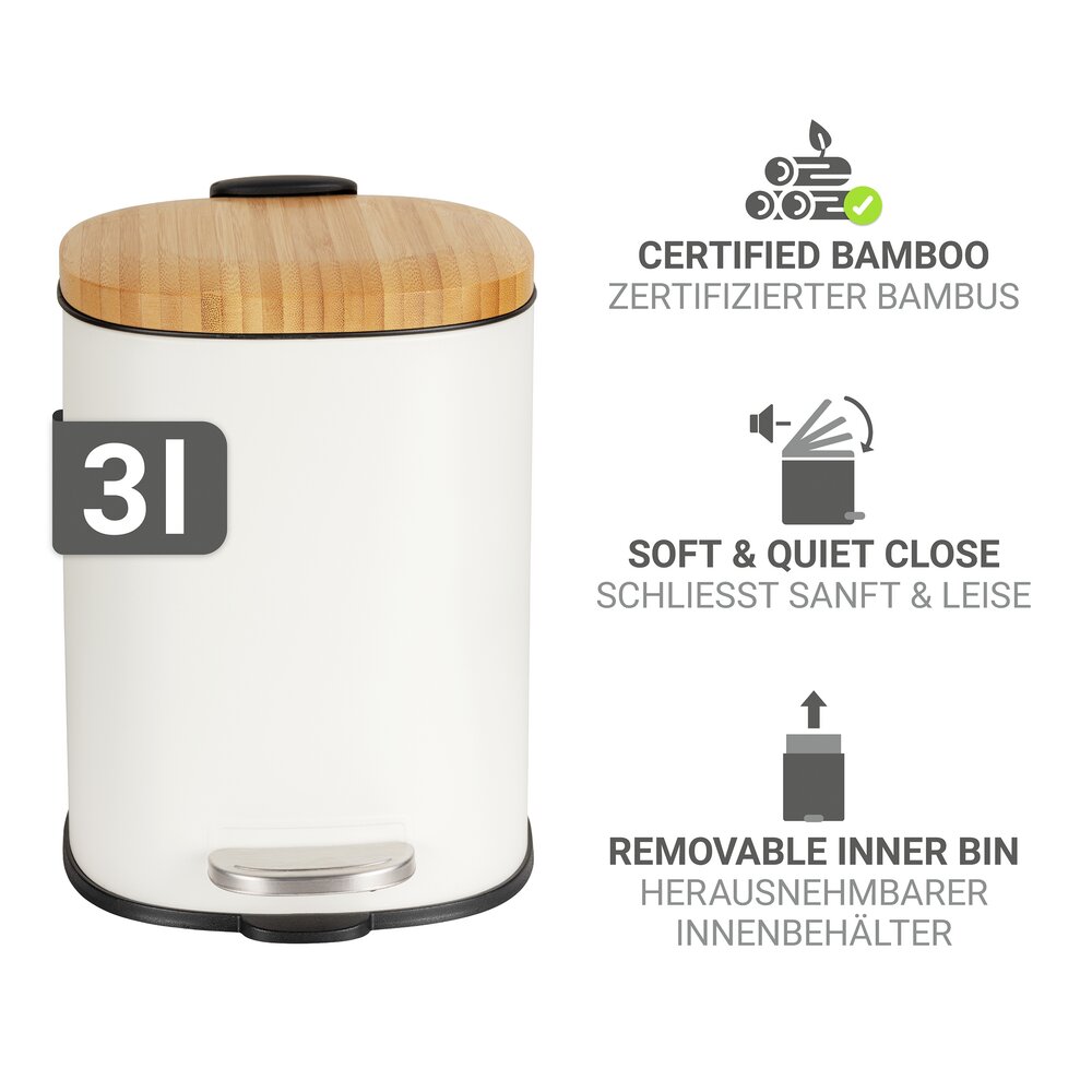 Pedaalemmer Mod. Fianema, wit, 3L, metaal/bamboe, Easy-Close