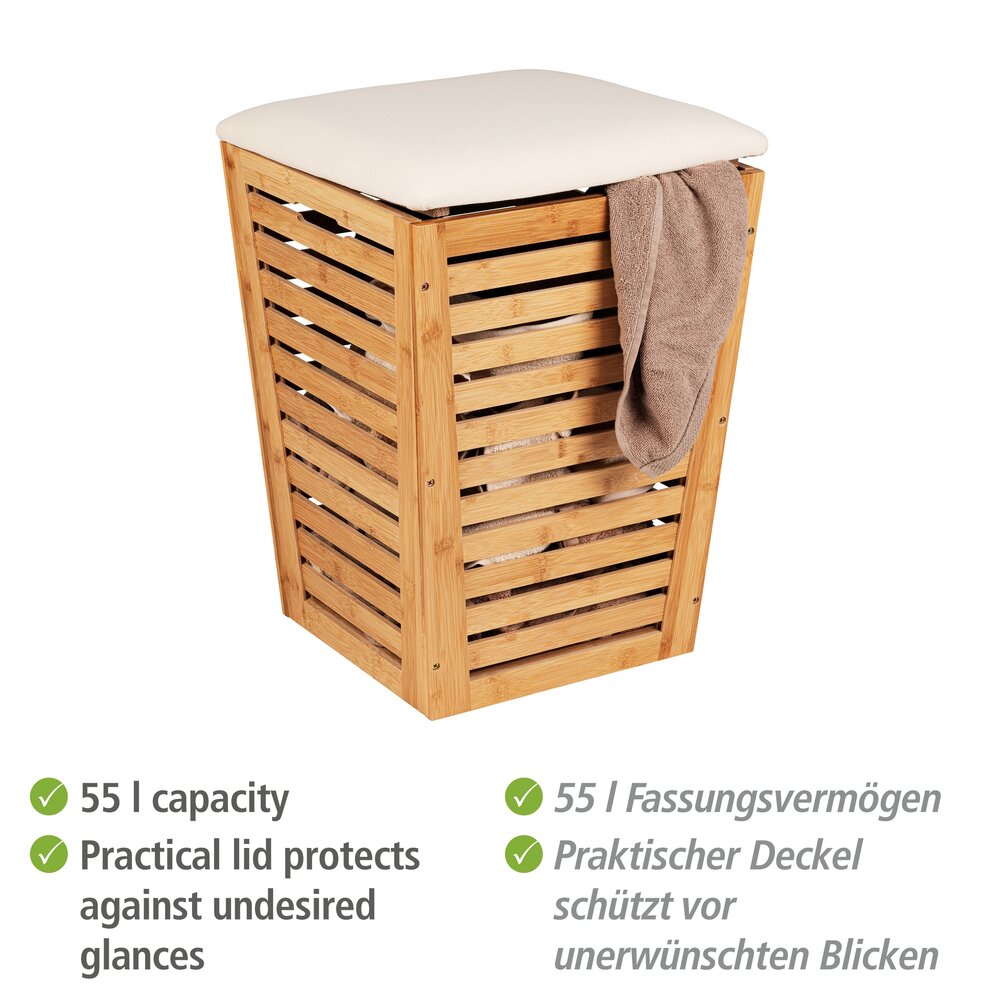 Coffre à linge Mod. Bambusa avec coussin d’assise  forme conique, idéale pour le rangement du linge