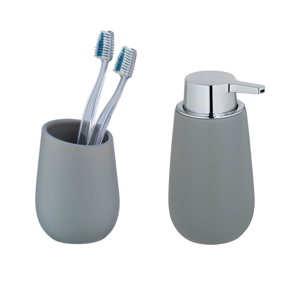 Waschtisch-Set Mod. Badi Grau, 2-tlg. 1 Zahnputzbecher, 1 Seifenspender