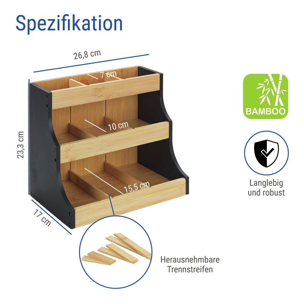 Teeregal Bambus, Schwarz  Tee Organizer für bis zu 180 Teebeutel