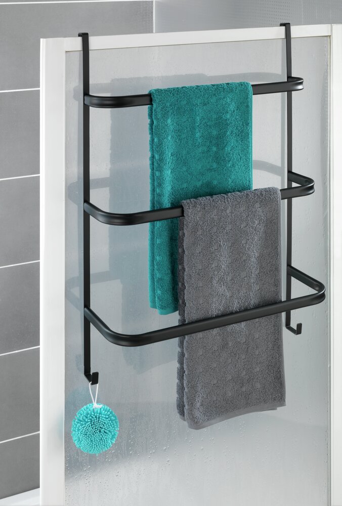WENKO Porte serviette salle de bain, porte serviette mural sans perçage à suspendre, Irpinia, acier noir  avec 3 barres porte-serviettes