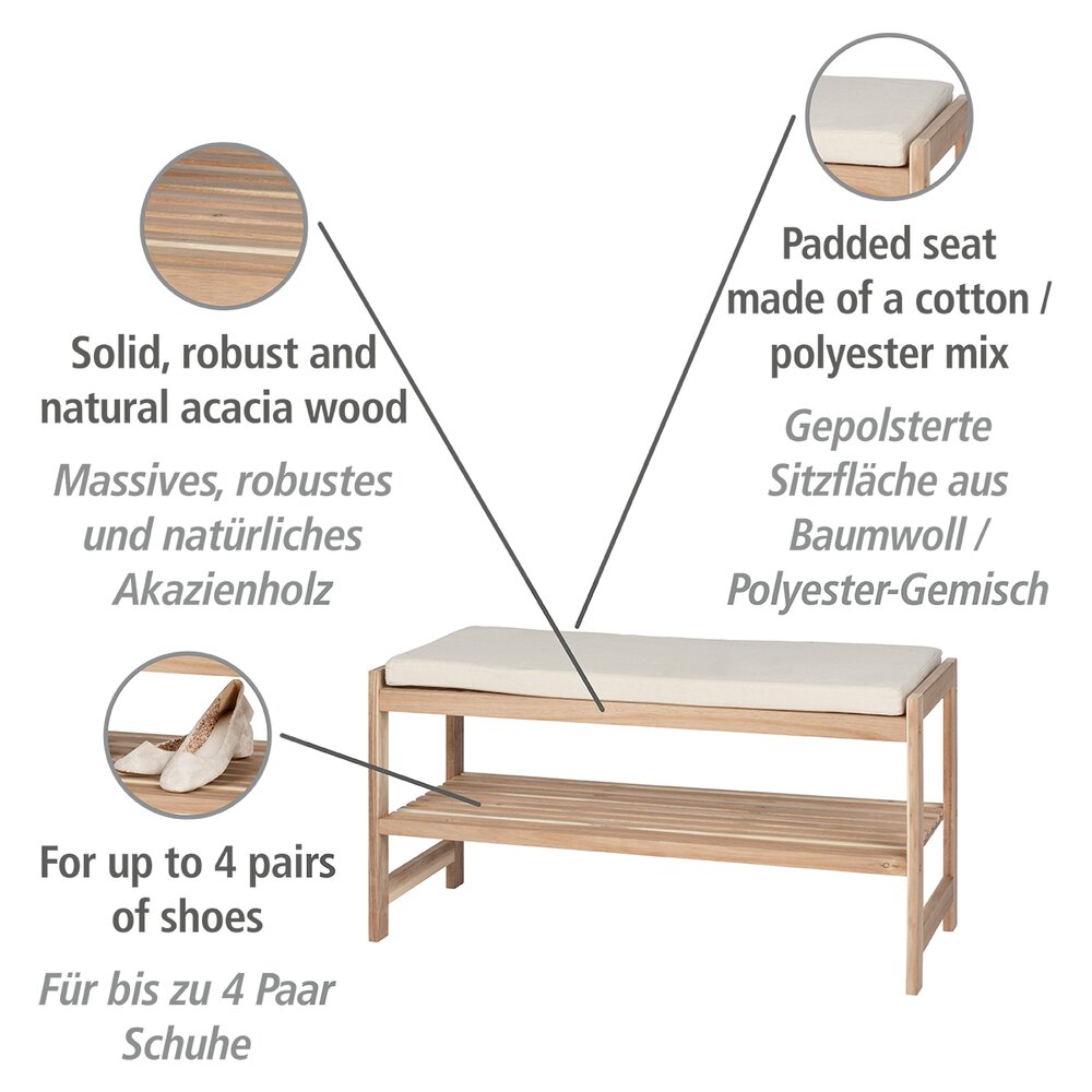 Banc d'entrée avec rangement chaussure et plateforme avec coussin, Bois FSC, Acina, 90x45x34 cm  Dimensions : 90 x 45 x 34 cm