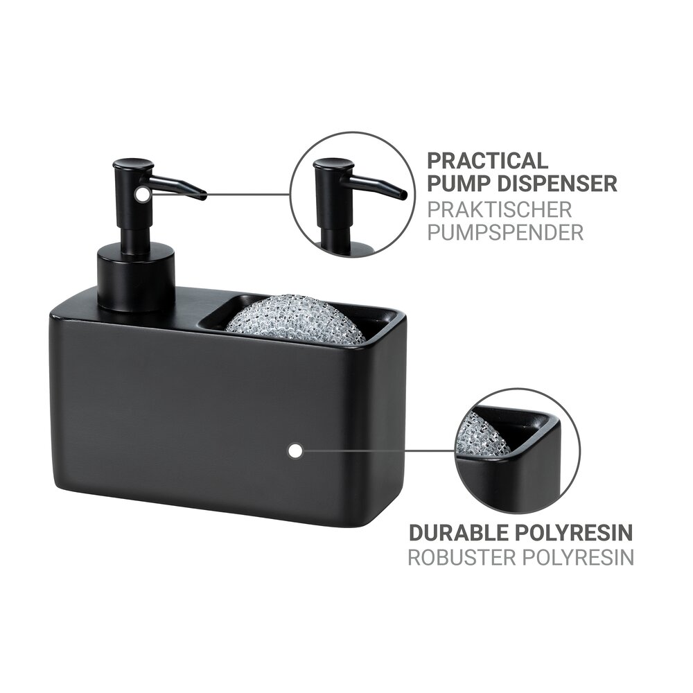 Distributeur savon Mod. Resa noir, polyrésine, 150 ml, 14,5x14,3x6 cm  avec compartiment pour éponge