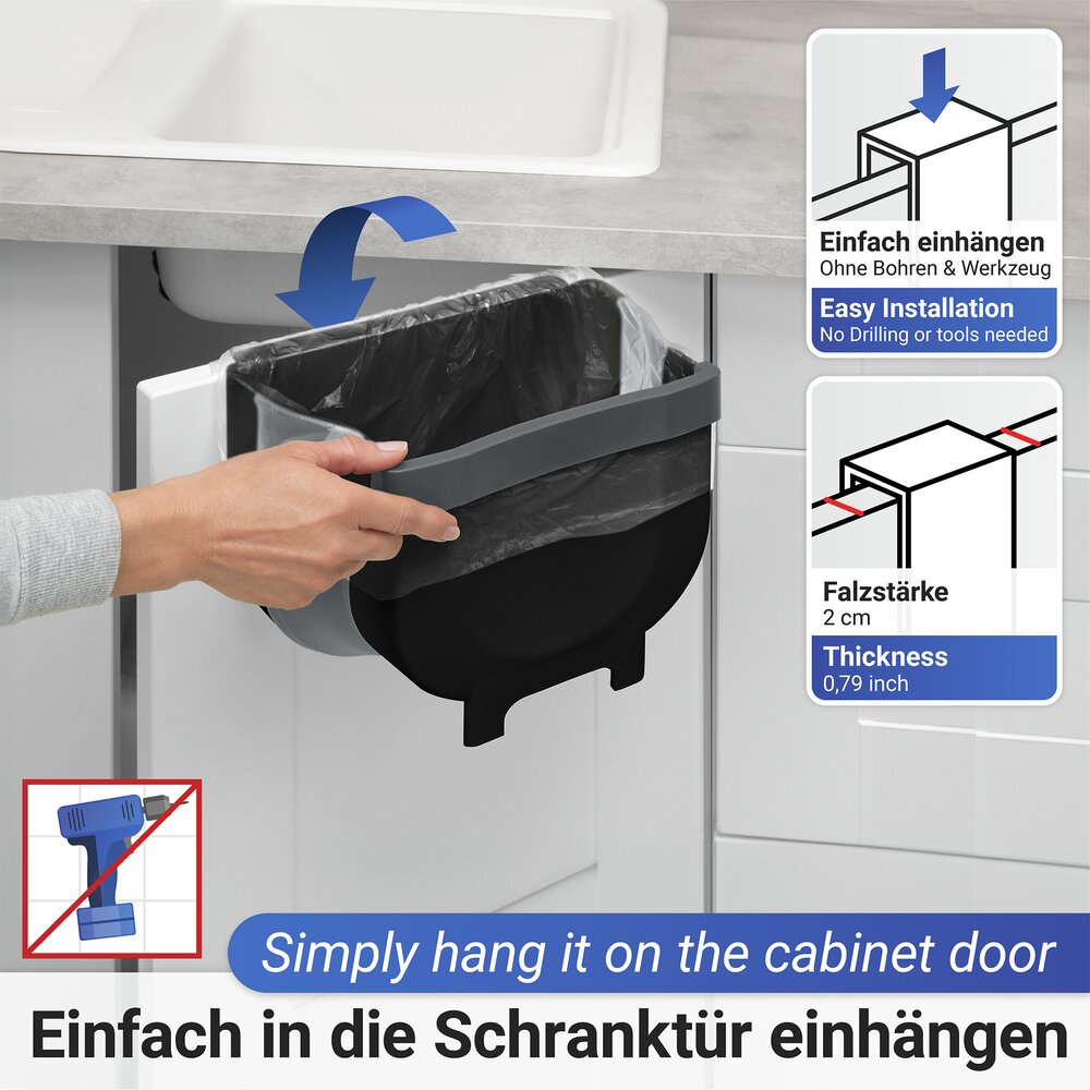 Tür-Abfalleimer Mod. Fago 5 L Schwarz  faltbarer Mülleimer für Küchenabfälle