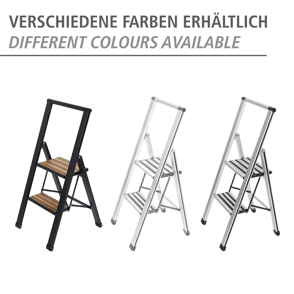 WENKO Escabeau 2 marches, escabeau pliable, noir aluminium, marche XL bambou, max 150 kg  marches XXL antidérapantes