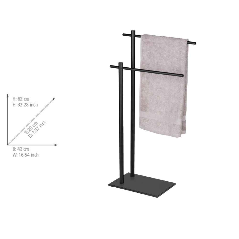 Handtuchständer Mod. Resera, schwarz, Stahl, 42x82x20 cm  mit Sicherheitsglas-Bodenplatte