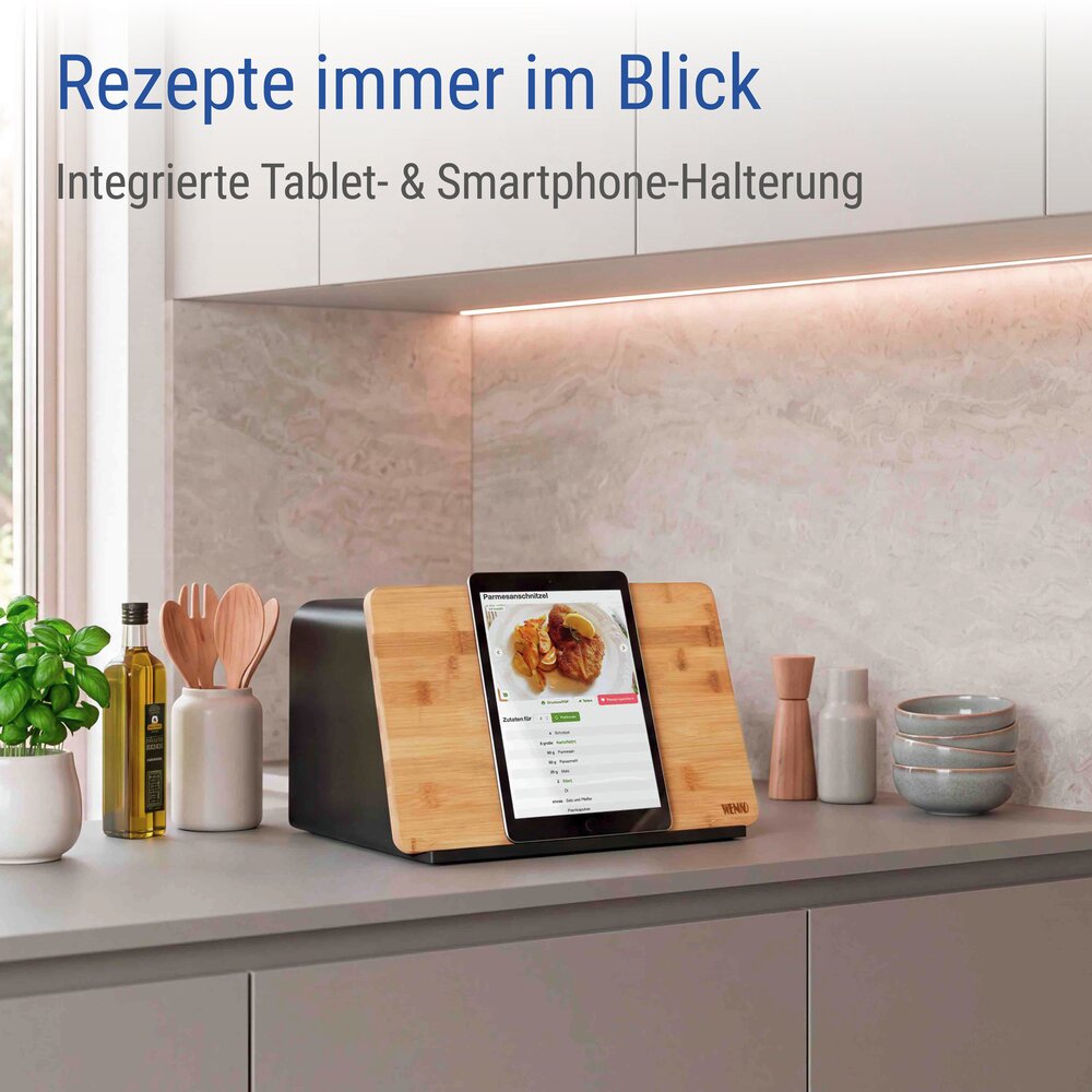 Brotkasten mit Schneidebrett Mod. Kubo, Schwarz  mit Bambusdeckel und Belüftungslöchern