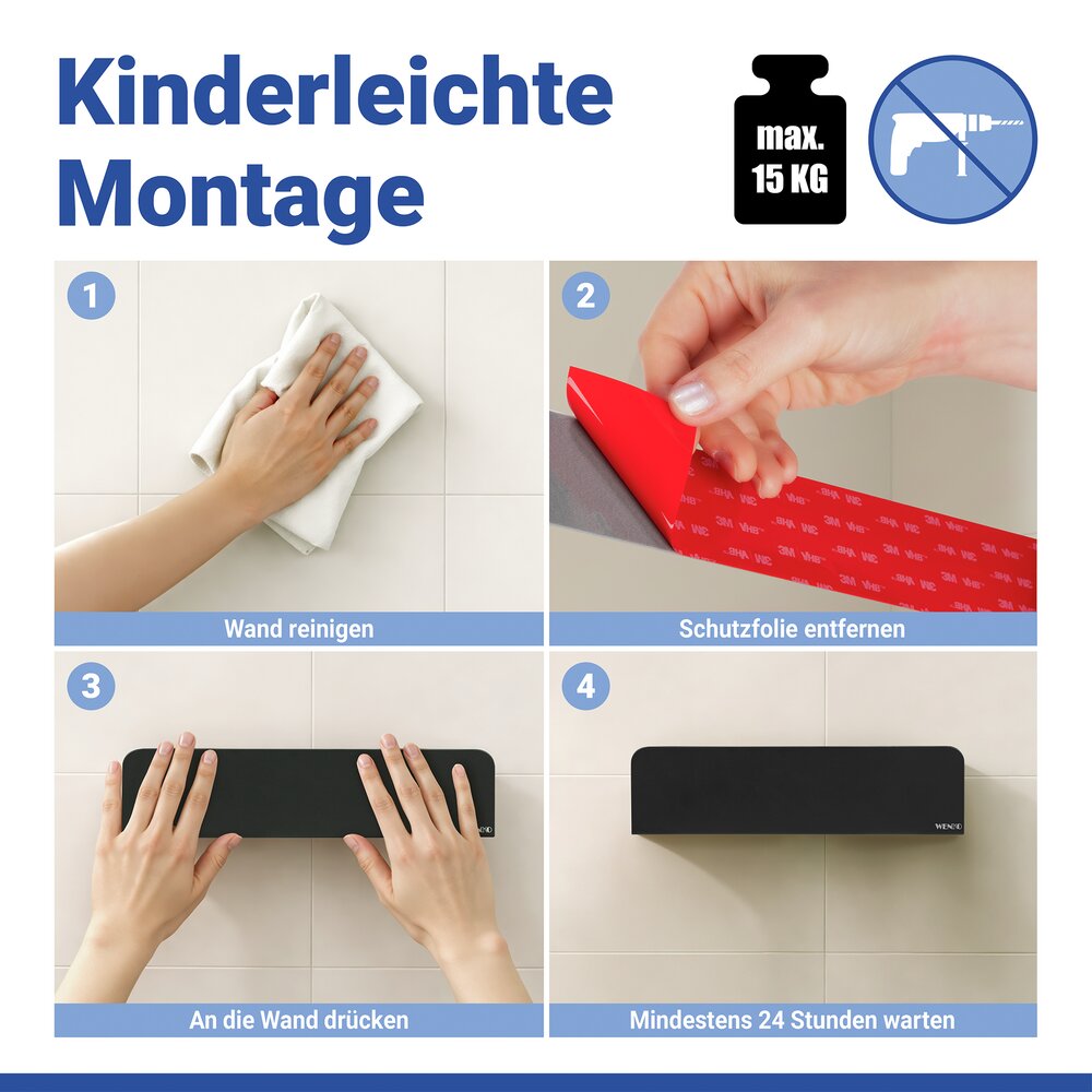 Turbo-Loc® Wandablage Mod. Lizan Schwarz  Befestigen ohne Bohren