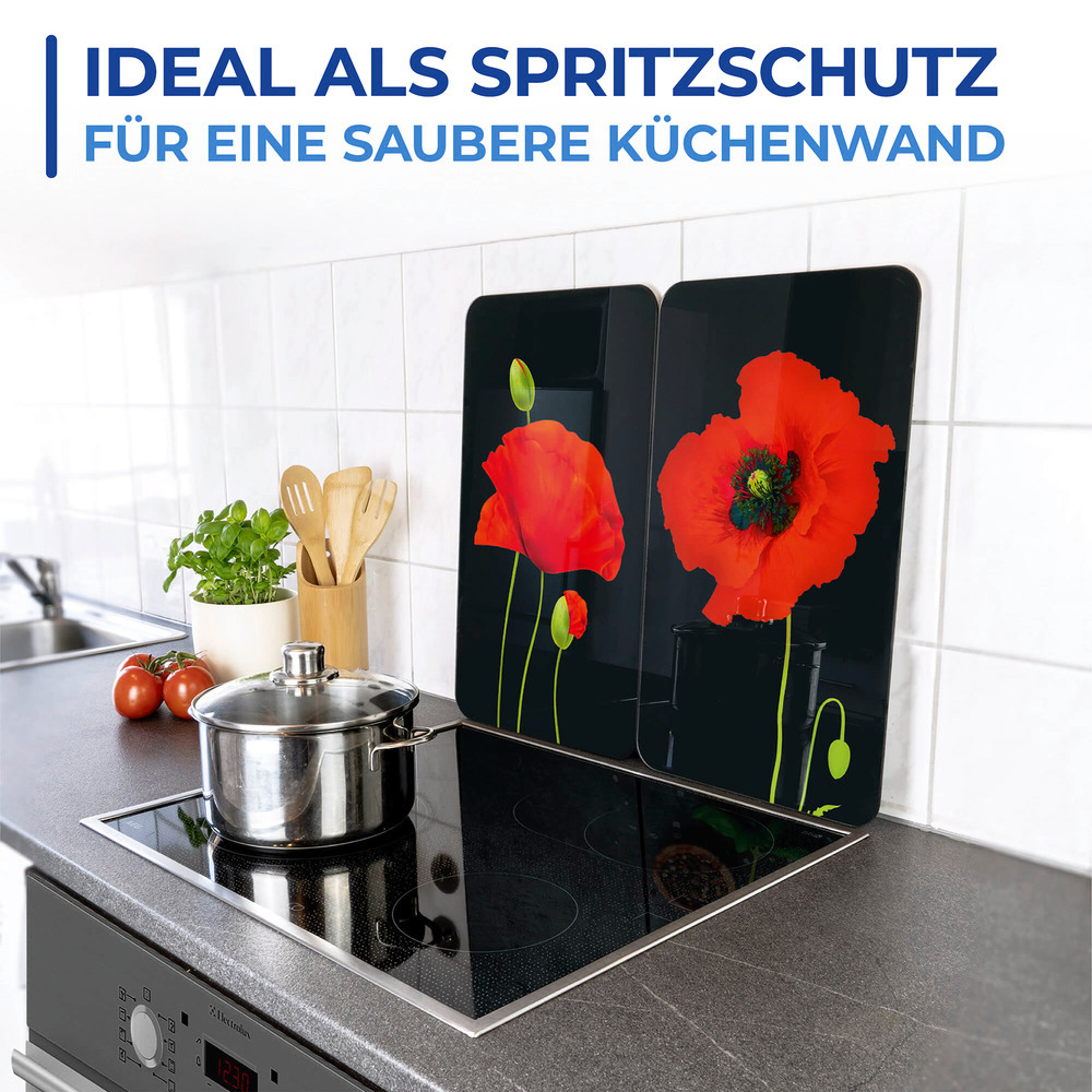 Glasabdeckplatte Universal Mod. Mohn, 2er Set  für alle Herdarten