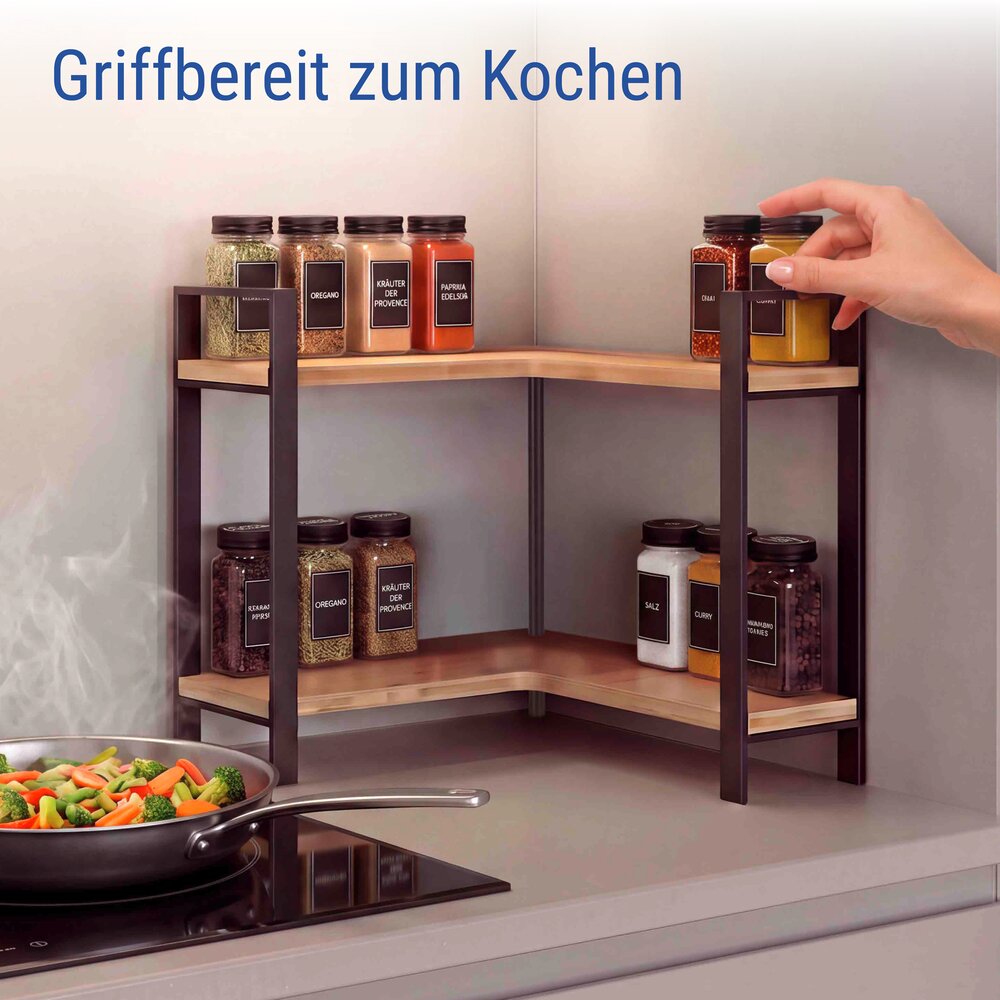 Etagère d'angle de cuisine Mod. Lou, 2 étagères, bocaux à épices, lot de 13  2 niveaux